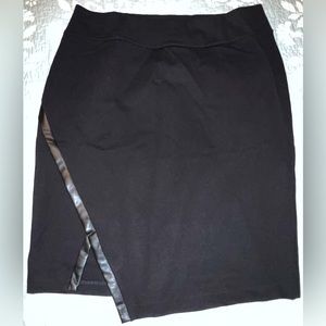 Susan Graver Knee-Length Skirt W/Leather-Trimmed Slit, Black, Size L, NWOT